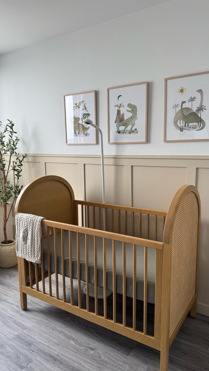 Babys room is ready 🙏🏻 part 1 

Details : 
Crib @babyletto 
Dresser @storkcraft via @wayfair 
Chair @davincibabyusa via @wayfair 
Shelves, sconces, rug, faux olive tree @amazon 

Check my LTK for direct links 💙

#babysroom #dinosaurbabyroom #boysroom #babyboyroom #babyboyroomdecor #wayfair #wayfaircreator #babyroomideas #babyboyroomideas