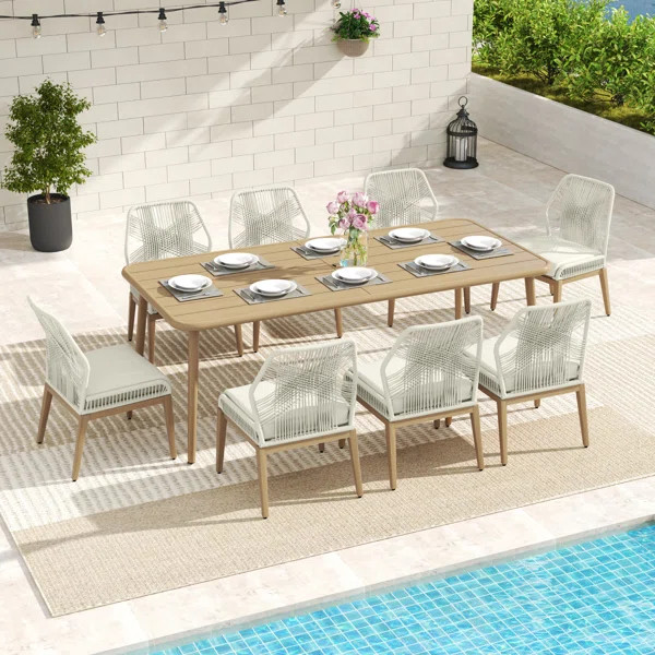 Cadencia 9-Piece Natural Wood Grain Aluminum Patio Dining Set With Rectangular Table And Washable... | Wayfair North America