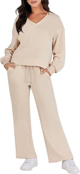 Caracilia Women's Two Piece Outfits Matching Sets Long Sleeve Cropped Tops and Wide Leg Pants Tra... | Amazon (US)