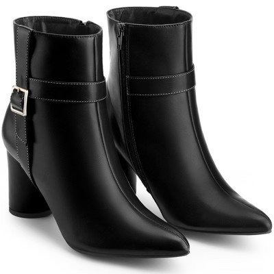BLISSFUL STEP Women's Pointed Toe Block Chunky Heel Buckle Decor Ankle Booties 8.5 Black | Target