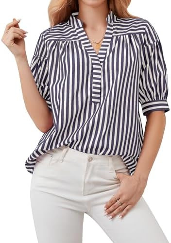 Womens Short Puff Sleeve Striped Blouses Top V Neck Loose Fit Casual Summer Work Blouses Striped ... | Amazon (US)