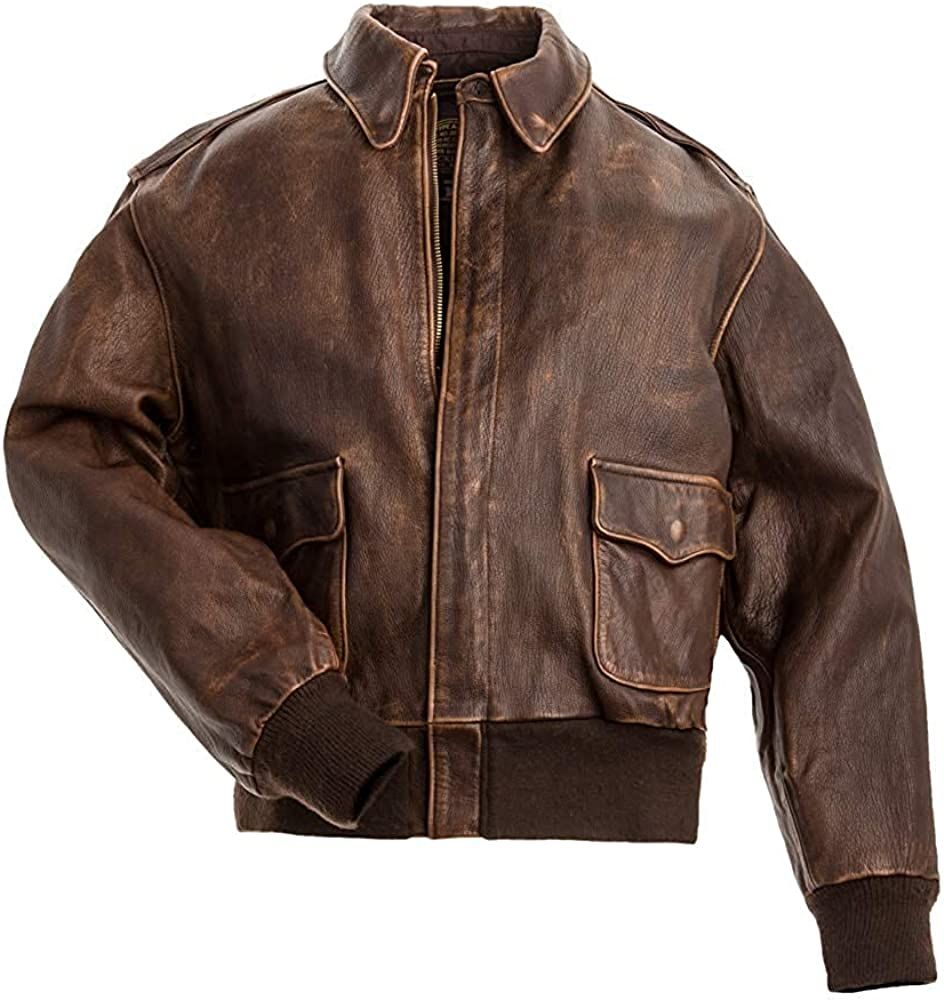 Men’s A-2 Aviator Air Force Pilot Leather Jacket- Aviator A2 Flight Bomber Jacket-Distressed Br... | Amazon (US)