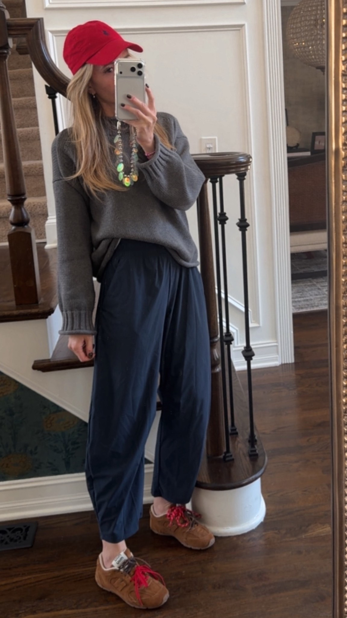 Best jcrew sweater, favorite barrel leg pants, these are the old navy but the Ruti ones are the best, and love this hat! Also I swapped out these red laces that look so good with this camel color shoe. Mine are the miu miu and I also linked so many similar! 

#LTKmomlife #LTKgrwm #LTKOver40