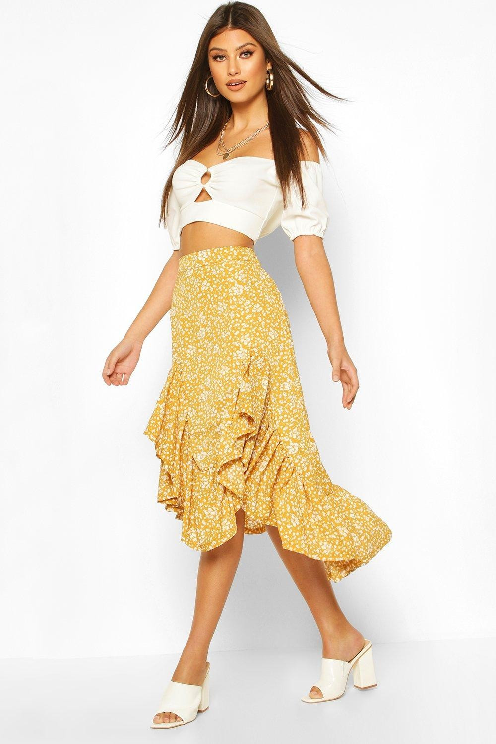 Womens Ditsy Floral Asymetric Hem Midi Skirt - Yellow - 4 | Boohoo.com (US & CA)