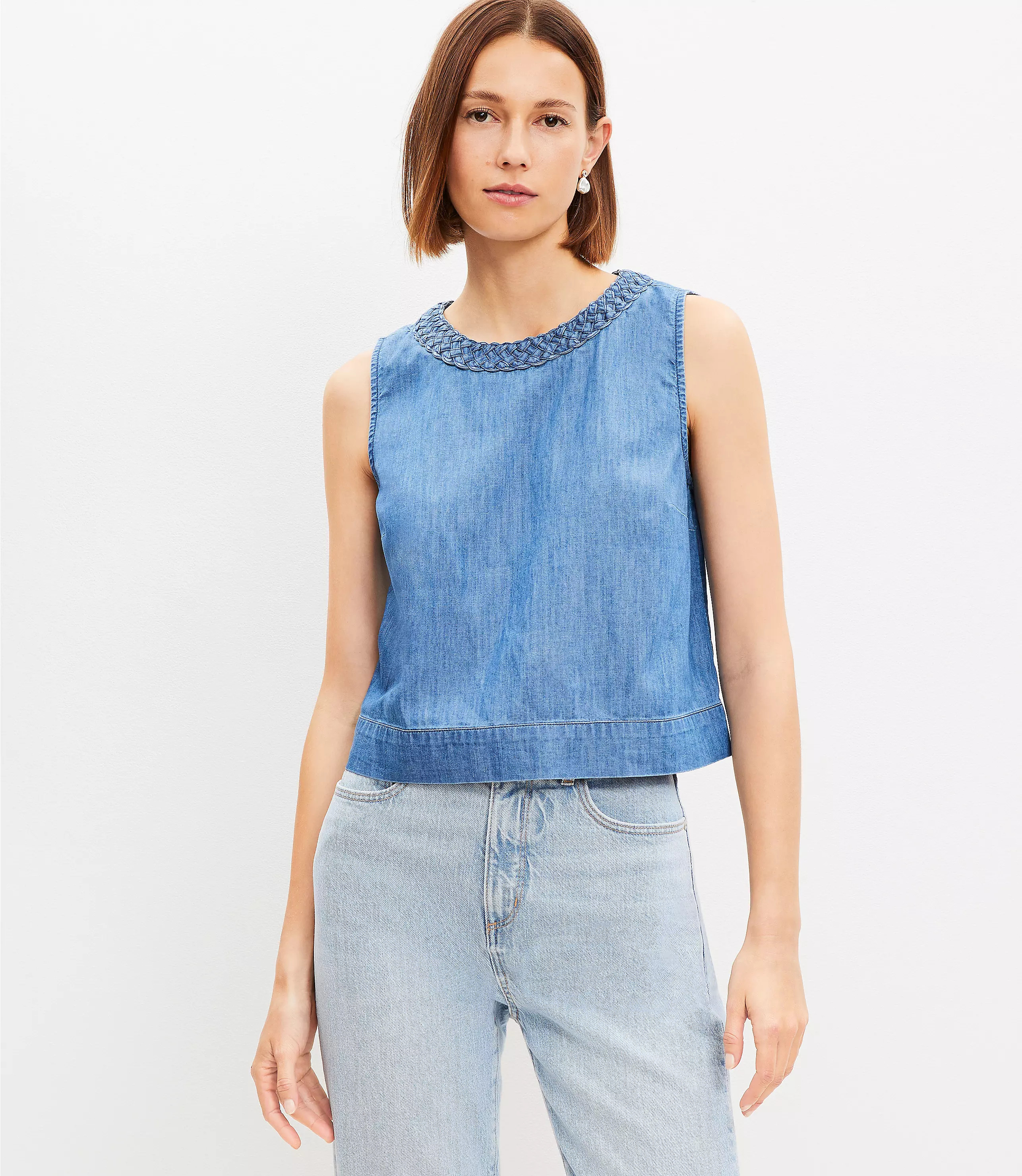 Chambray Braided Neck Shell | LOFT