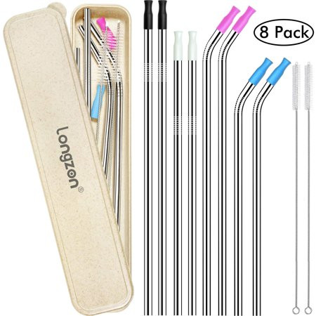 Longzon 8pcs Stainless Steel Metal Straws with Biodegradable Wheat Straw Material Carrying Case, 8.5 | Walmart (US)