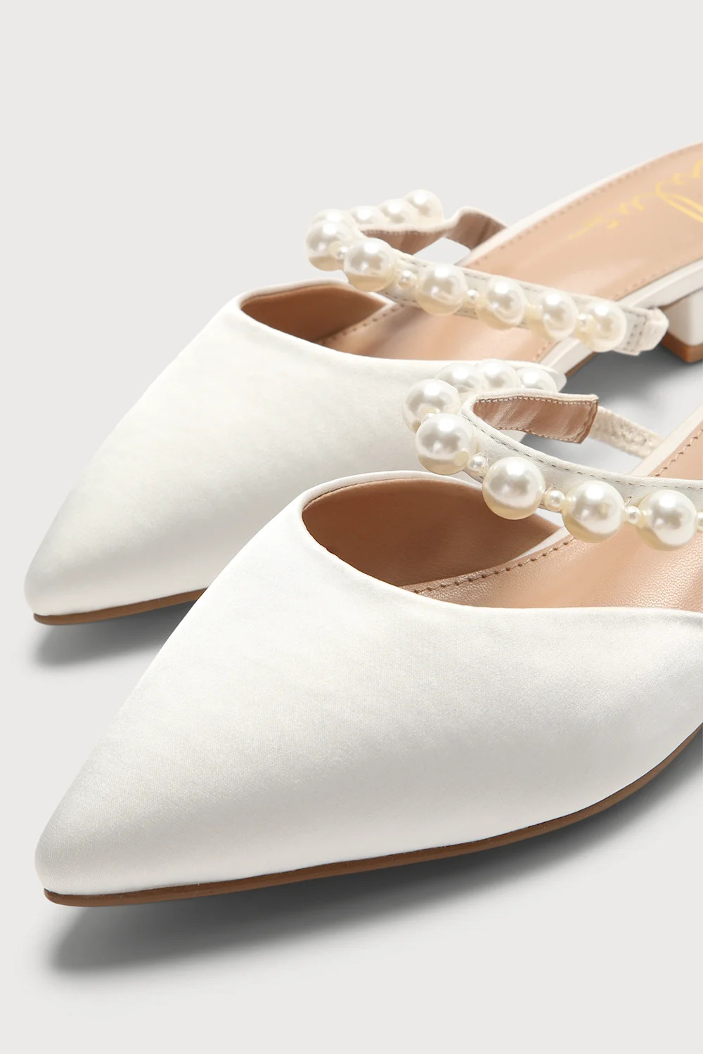 Hershie White Satin Pearl Pointed-Toe Mule Slides | Lulus