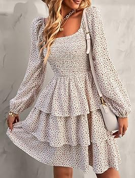 BTFBM Women Square Neck Smocked Dresses 2025 Summer Fall Long Sleeve Floral Swiss Dot Mini Boho W... | Amazon (US)