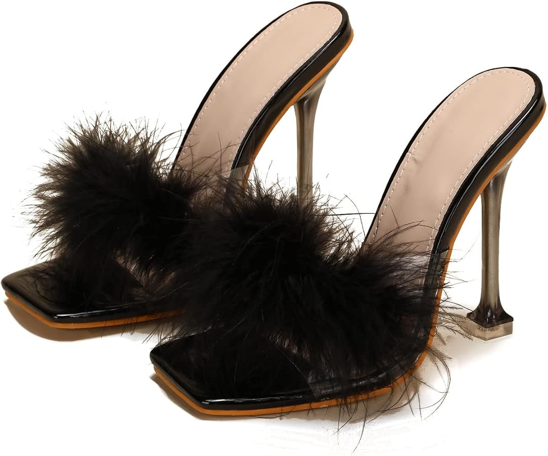 Women White Feather Clear PVC Slippers Square Toe Stilettos Slides Transparent Crystal High Heels... | Amazon (US)