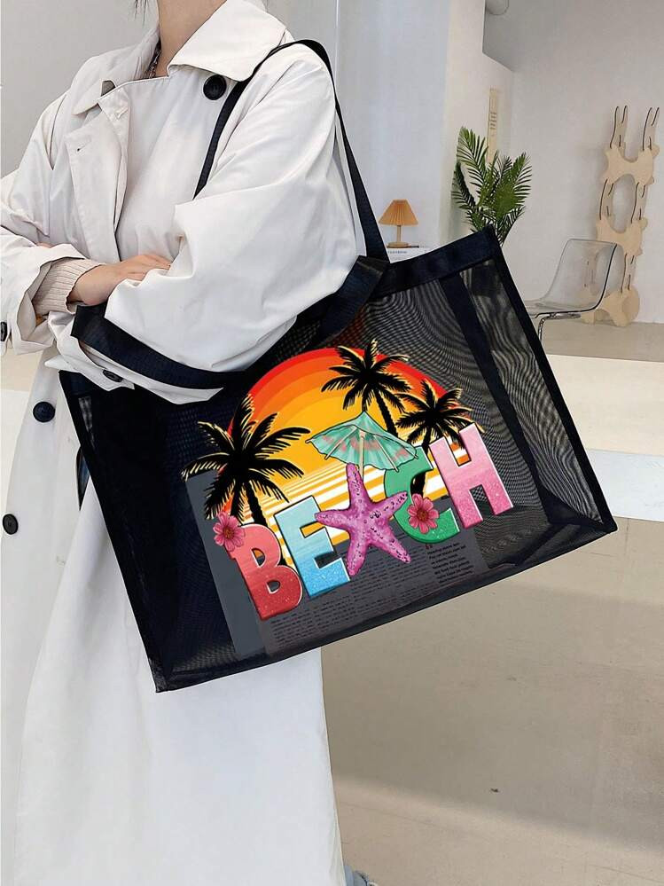 Large Capacity Mesh Tote Bag Beach Bag ,Summer Beach Vibrant Starfish Pattern , Large Capacity Be... | SHEIN