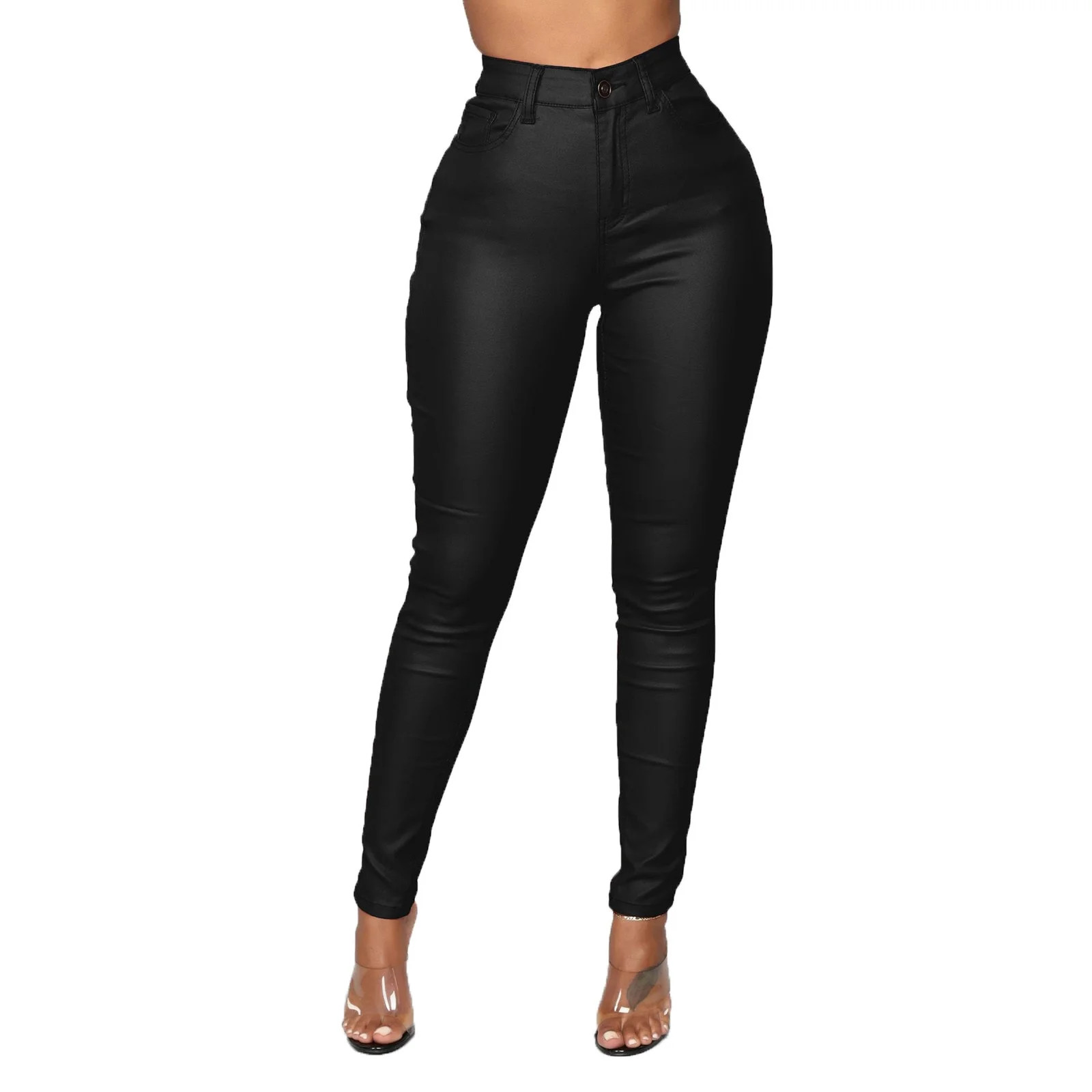 Jialili Women Solid Casual Pockets Button High Waist Faux Leather Long Pants Black L | Walmart (US)