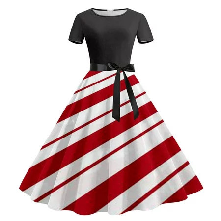 TrendVibe365 Christmas Midi Dresses for Women Casual Crewneck Xmas Dress Short Sleeve Holiday Dress Stripe Party Dresses Flare Vintage Above Knee Sparkly Dresses Loose Casual Gift Winter Dress | Walmart (US)