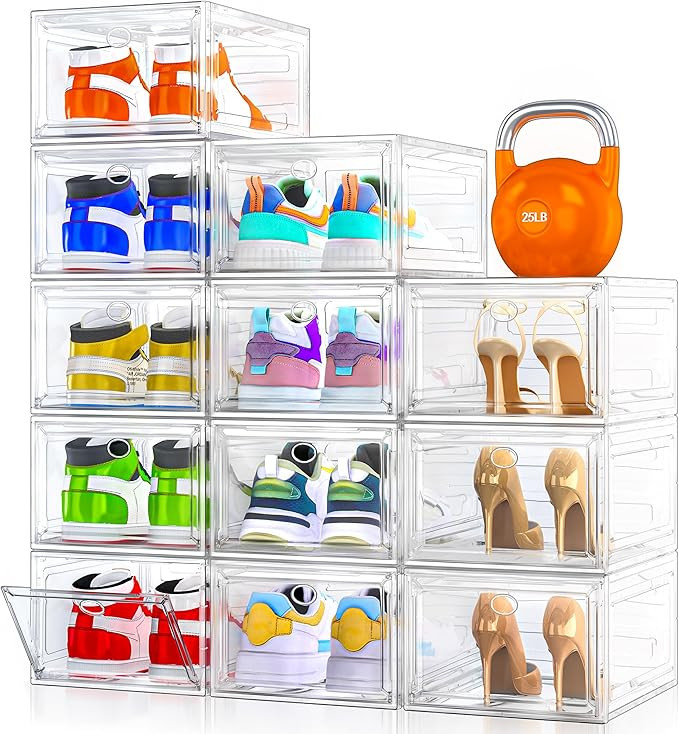12 Pack Clear Shoe Storage Organizer with Magnetic Door,Stackable Plastic Shoe Boxes for Sneakers... | Amazon (US)