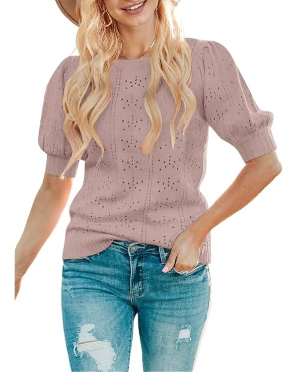 MEROKEETY Women's 2024 Fall Puff Short Sleeve Sweater Tops Crew Neck Crochet Knit Soft Pullover S... | Amazon (US)