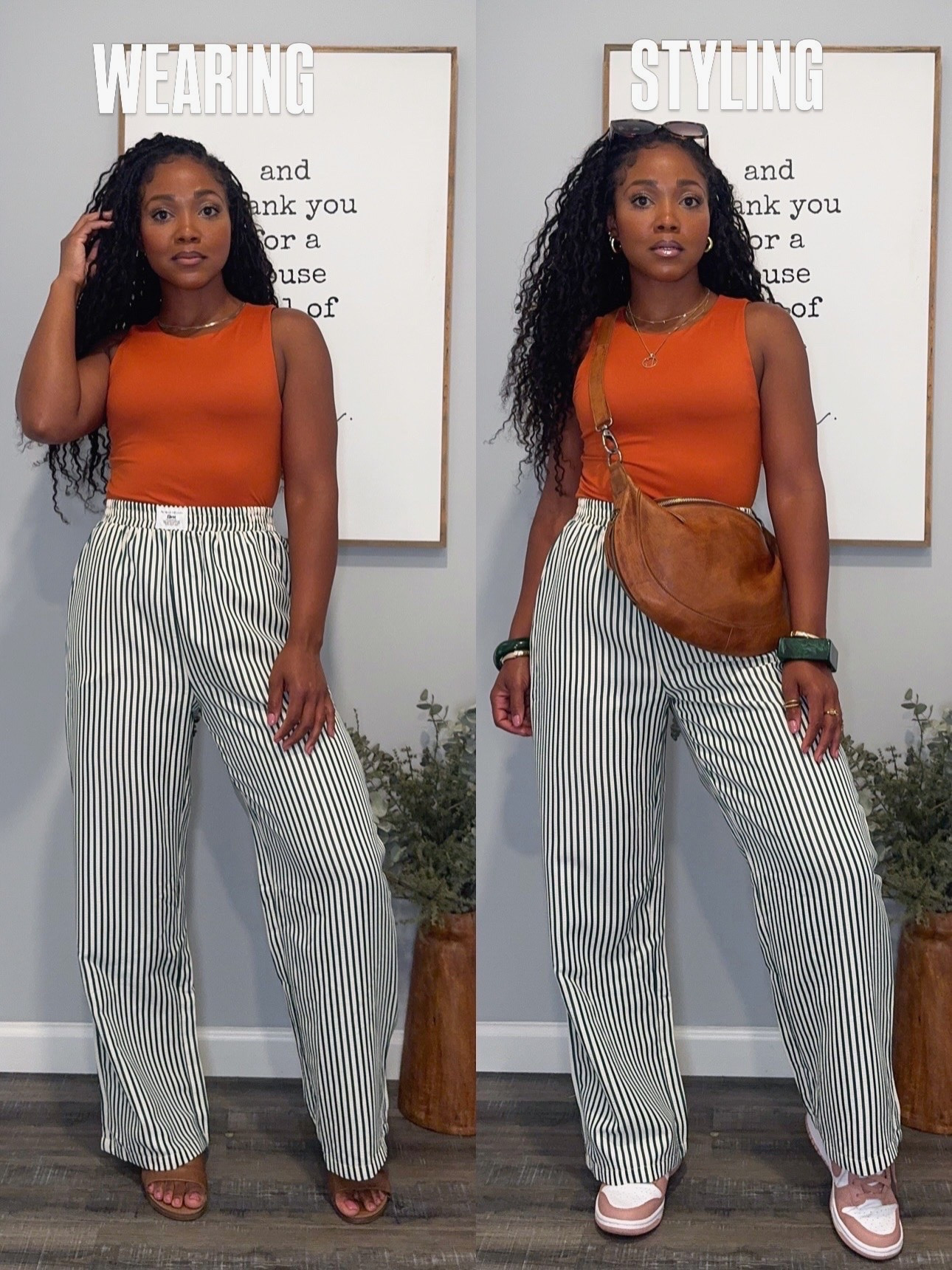 A casual yet stylish summer outfit with striped green pants and an orange sleeveless top so comfy and cute!￼#wearingvsstyling

#LTKootd #LTKTravel #LTKgrwm