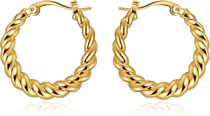 Gold Hoop Earrings 14K Gold Plated High Polished Lightweight Hoops Twisted Gold Small Hoop Earrin... | Amazon (US)
