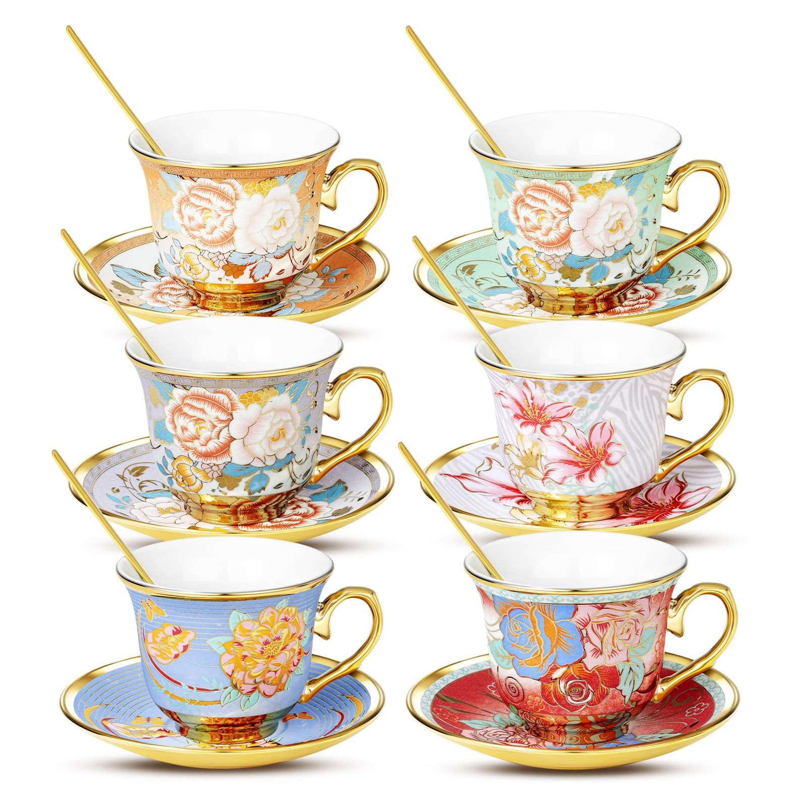 Tea Cups and Saucers, Tea Cup Set of 6, 8 OZ Floral Cups Porcelain Cup Set for Cappuccino, Coffee... | Amazon (US)