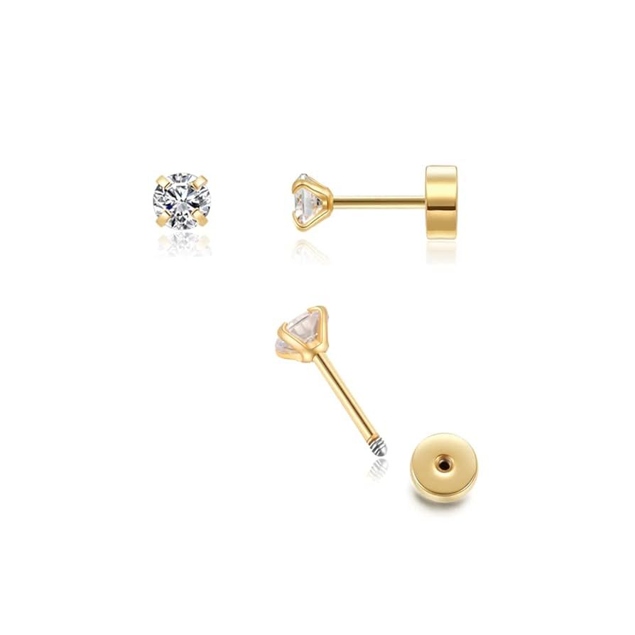 3mm Tiny CZ Screw on Flat Back Stud Earrings,14K Gold Flat Back Cubic Zirconia Earrings for Helix... | Amazon (US)
