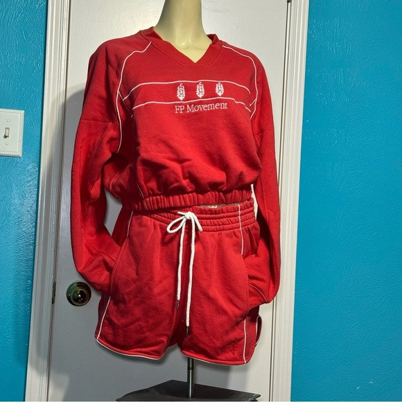 FREE PEOPLE FP Movement Seeing Double Red Sweatshirt and Shorts Set Medium NWT | Poshmark