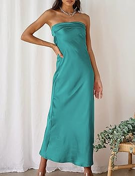Realtix Satin Silk Backless Tube Tops Maxi Dress for Women Low Back Hollow Out Elegant Strapless ... | Amazon (US)
