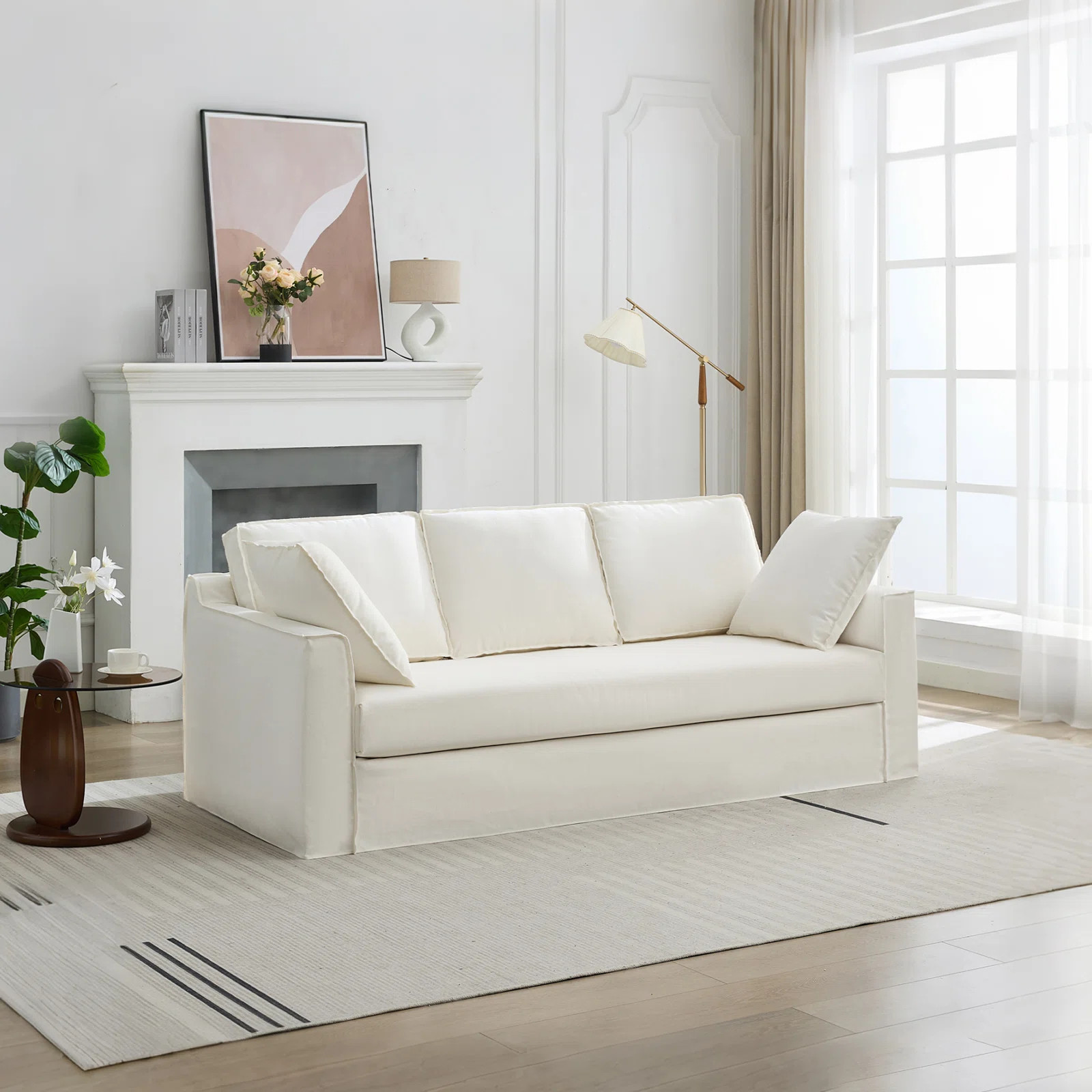 Kashanda 84.6" Wide Arm Upholstered Cloud Couch White Slipcovered Sofa | Wayfair North America