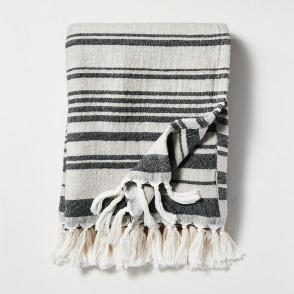Broken Stripes Knotted Fringe Throw Blanket Black/Cream - Hearth & Hand™ with Magnolia | Target