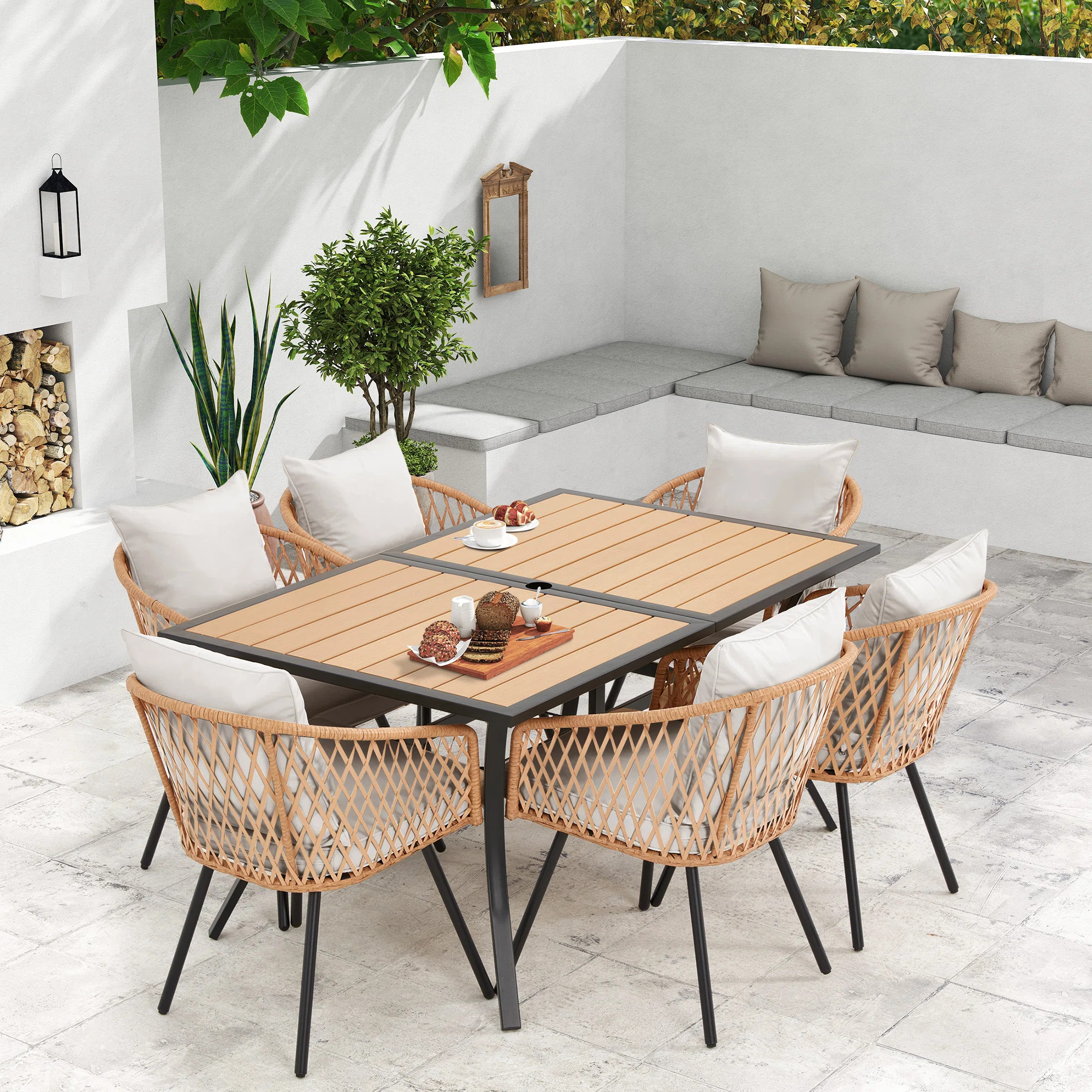 7-Piece Outdoor Dining Set With 6 Rattan Chairs, All-Weather Patio Table & Chairs For Backyard, G... | Wayfair North America