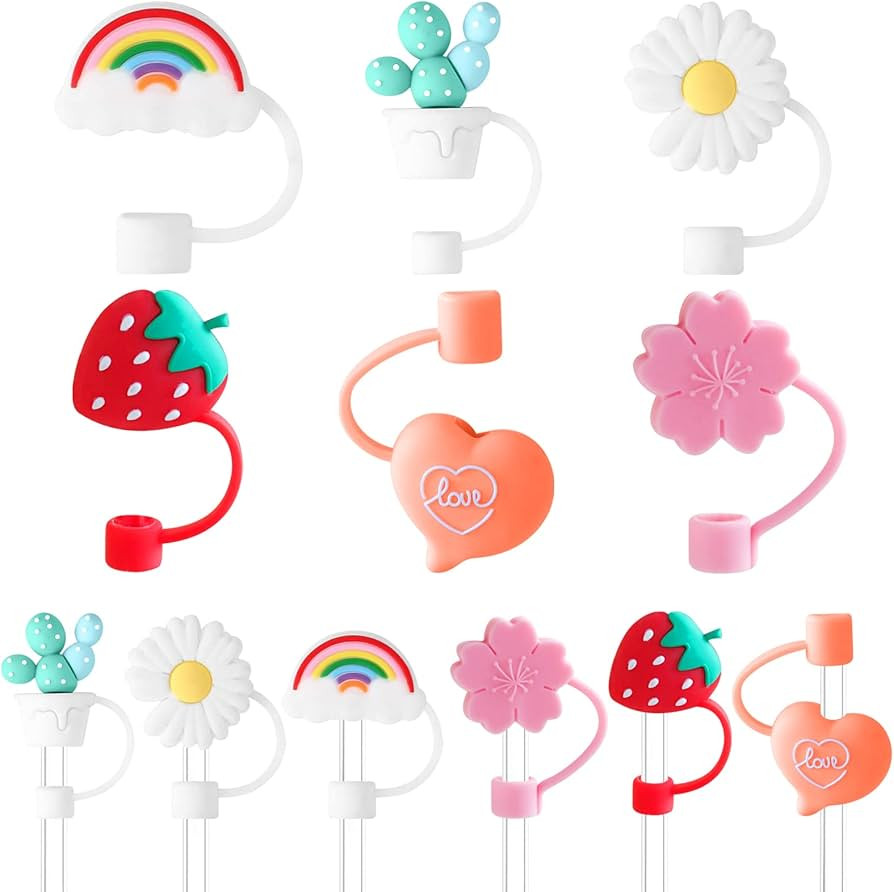 6 PCS Straw Covers Cap with 6 Reusable Drinking Straws,Cute Flowers Fruit Straw Toppers for Tumbl... | Amazon (US)