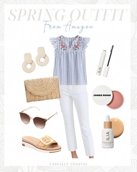 Spring Outfit from Amazon! 
- 
Amazon Spring outfit, coastal style, white jeans, Amazon jeans, Amazon sandals, Amazon style, amazon earrings, Amazon sunglasses, ilia skin tint, ilia beauty, spring style, ilia mascara, classic round sunglasses, raffia earrings, statement earrings, jones road miracle balm, Sam Edelman sandals, straw shoulder bag, straw clutch, amazon clutch, woven clutch good American white denim, white denim, straight raw hem jeans, floral embroidered v neck ruffle cap sleeve peplum blouse top, Amazon spring tops, Amazon blouses, Amazon beauty, brunch outfit, ruffled sleeves

#LTKSeasonal #LTKStyleTip #LTKFindsUnder50