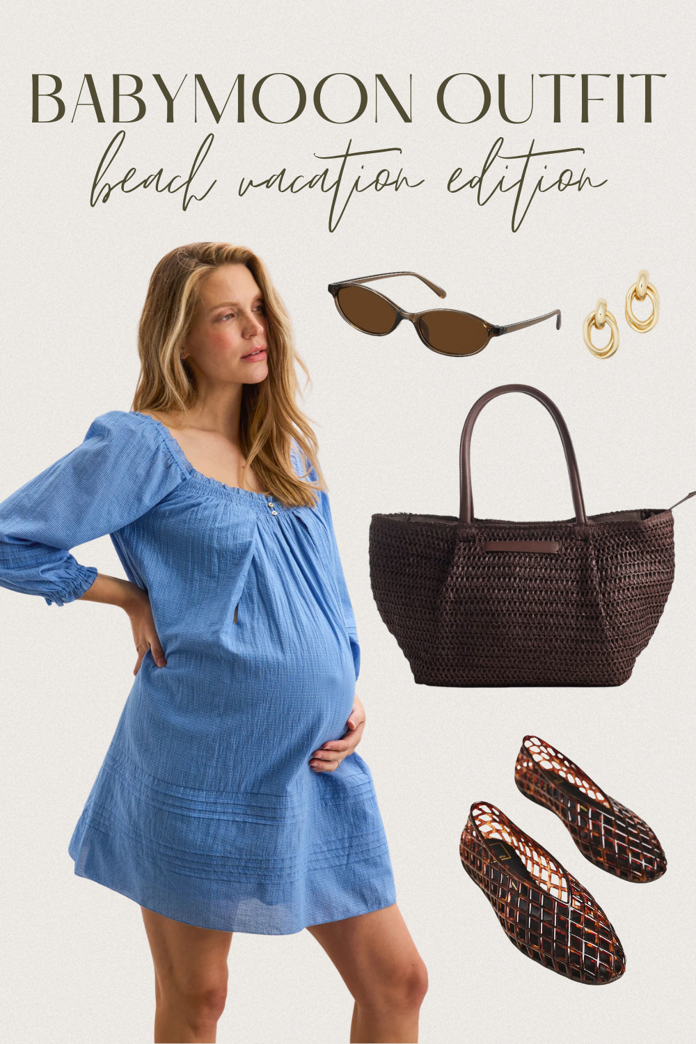 Babymoon beach outfit inspo for the mama who wants to look cute without sacrificing comfort ☀️🤍 A breezy linen maternity dress, woven tote, tortoise flats, gold hoops, and the perfect brown sunnies — everything is linked below! 

 #babymoon #maternitystyle #bumpfriendly #beachvacation #ltkbaby #ltkmaternity #pregnancystyle #LTKmomlife #LTKBaby #LTKBump