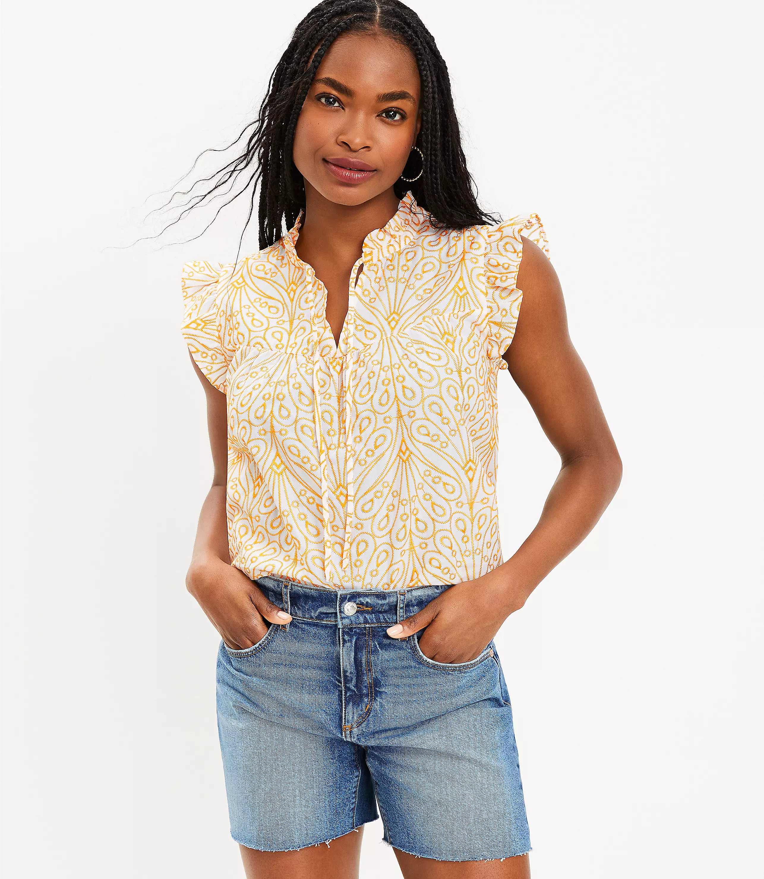 Petite Eyelet Ruffle Tie Neck Top | LOFT