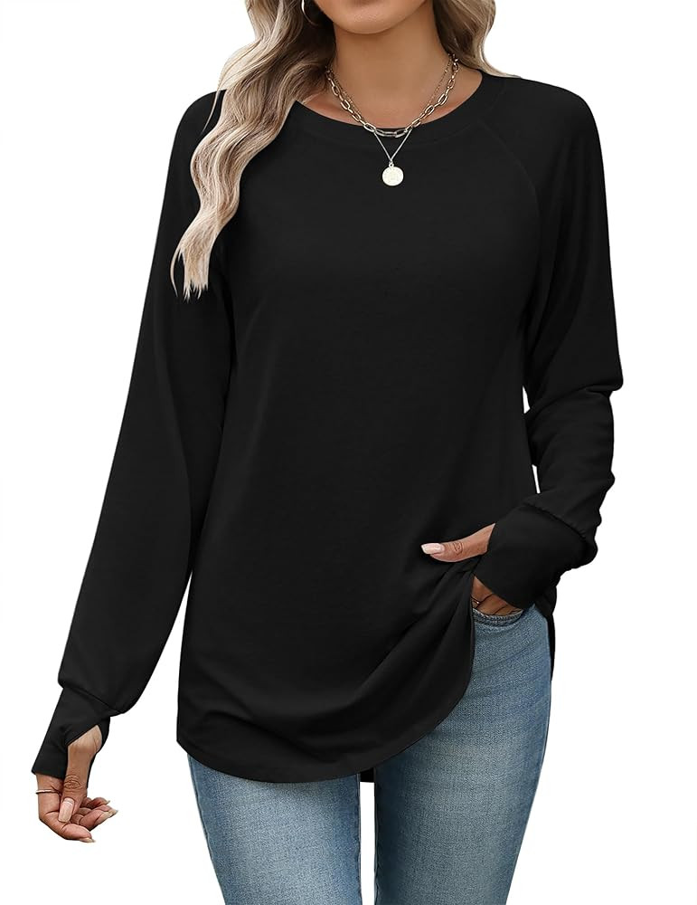 Zeagoo Women's Casual Long Sleeve Shirts Crew Neck Round Hem Loose T-Shirts Tunic Tops with Thumb... | Amazon (US)