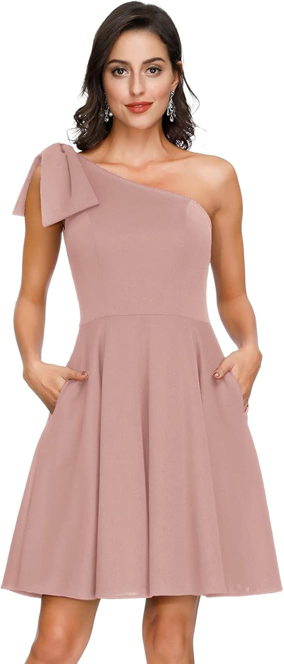 JASAMBAC Women's Bow One Shoulder Dress with Pockets A-line Cocktail Party Dress | Amazon (US)