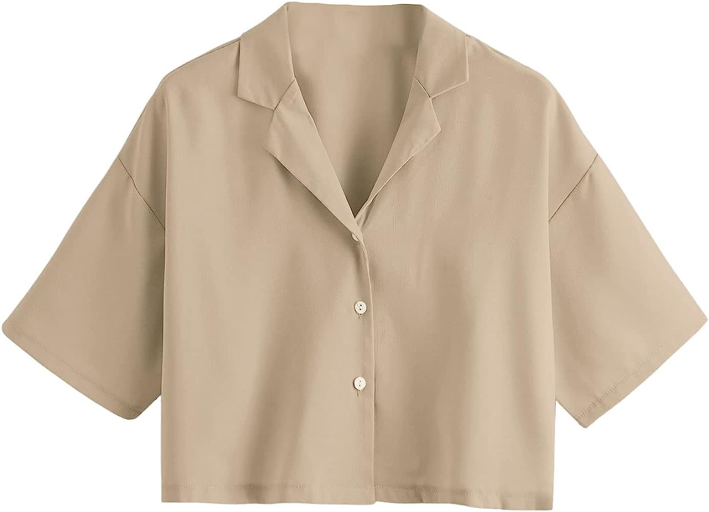 SweatyRocks Women's Short Sleeve Lapel Collar Button Down Shirt Plain Crop Top Blouse | Amazon (US)