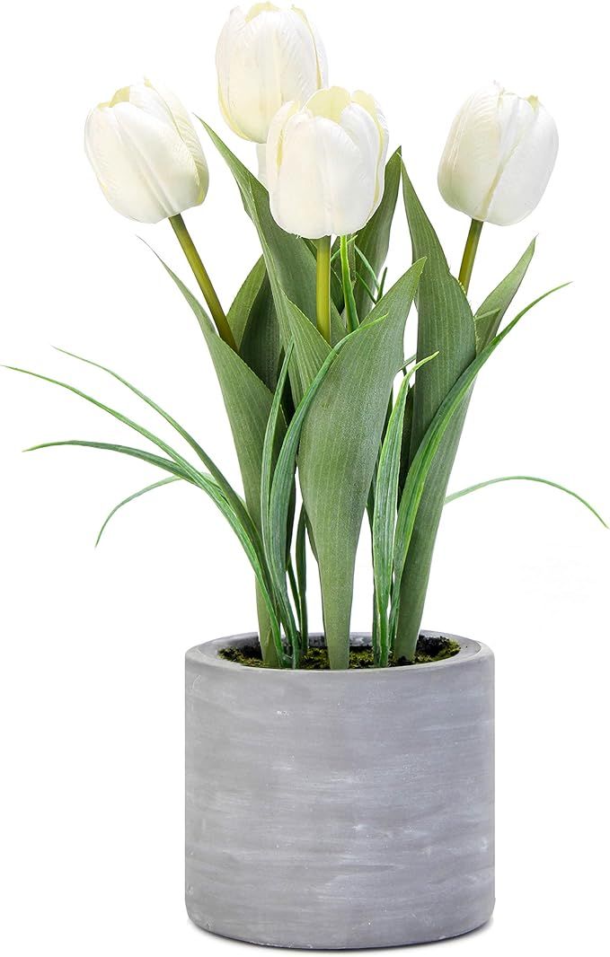 Jusdreen Artificial Potted Tulips Flowers with Cement Vase Vivid Tulip Flowers Arrangement for Ho... | Amazon (US)