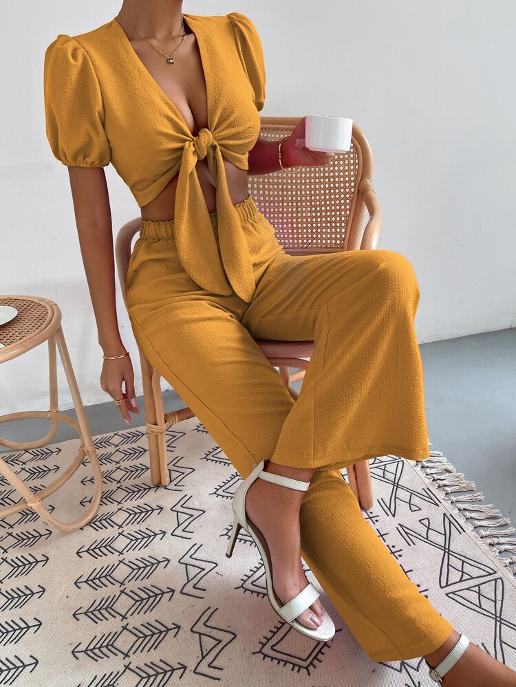 Tie Front Solid Top and Pants Set | SHEIN