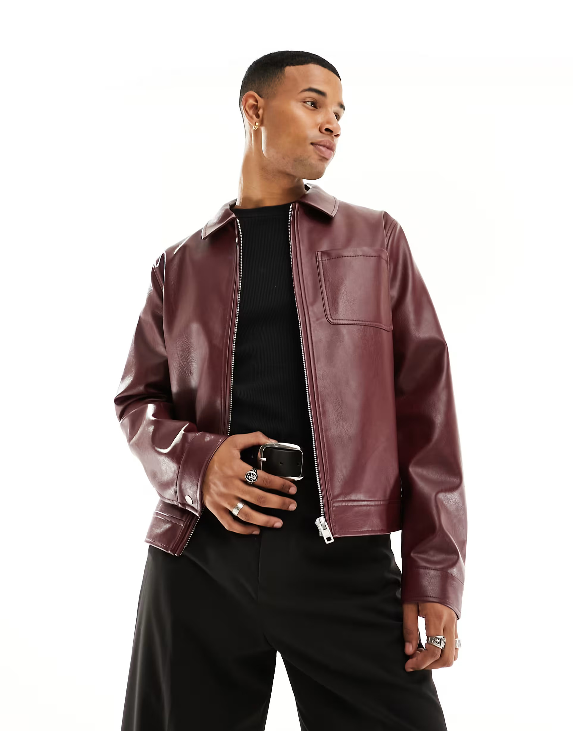 ASOS DESIGN faux leather harrington jacket in burgundy | ASOS (Global)