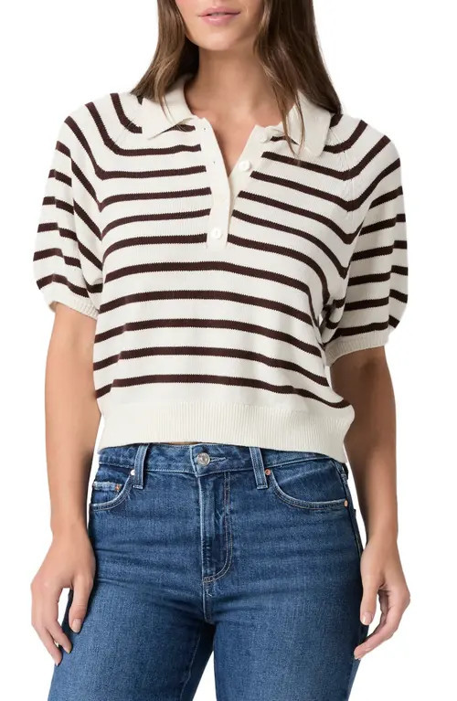PAIGE Birch Stripe Short Puff Sleeve Polo Sweater in Antique White/Tamarind at Nordstrom, Size Xx-Small | Nordstrom