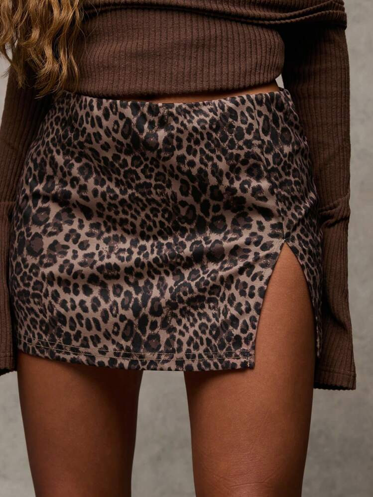 SHEIN BAE Women's Brown Versatile Fashion Leopard Print Minimalist Sexy Slit Skirt,Valentine's Day,Valentine Outfits For Women | SHEIN