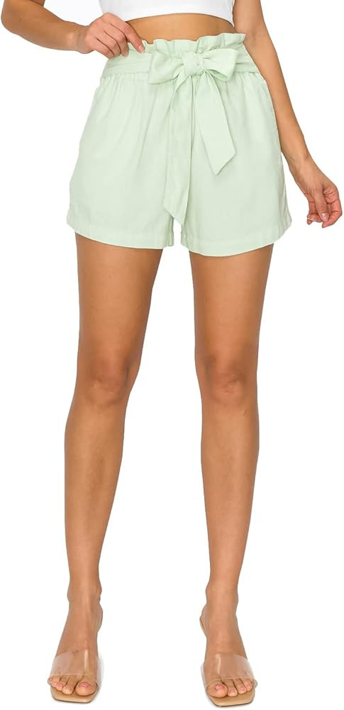 Cali1850 Women's Paperbag Linen Shorts - Oceanside Elastic Waist Self Tie Belt Paper Bag Beach Pa... | Amazon (US)