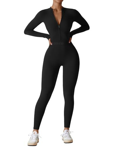 YEOREO Women Long Sleeve Workout Jumpsuit Zip Up Romper Bottom Pants Bodysuit Bodycon Sexy One Piece Black XS | Amazon (US)