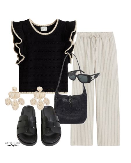 Black pointelle knit top, pin stripe linen trousers, YSL raffia shopper bag, celine XL sunglasses, black slide sandals & raffia earrings.
Neutral outfit, spring summer outfit, spring look, holiday outfit.

#LTKstyletip #LTKmidsize #LTKSeasonal