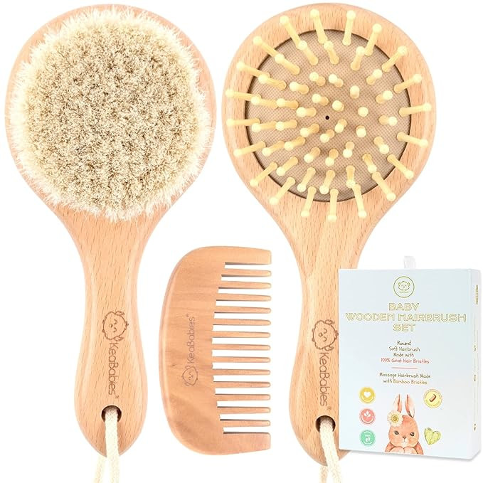 Baby Hair Brush and Baby Comb Set - Wooden Baby Brush with Soft Goat Bristle - Toddler Hair Brush... | Amazon (US)