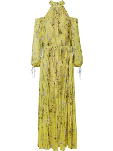 Self-Portrait - Cold-shoulder Printed Pleated Chiffon Maxi Dress - Yellow | NET-A-PORTER (US)