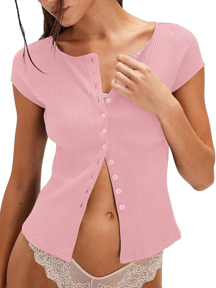 Yousify Women's Short Sleeve Summer Tops 2025 Trendy Ribbed Knit Button Down Tight Basic Tees Shi... | Amazon (US)