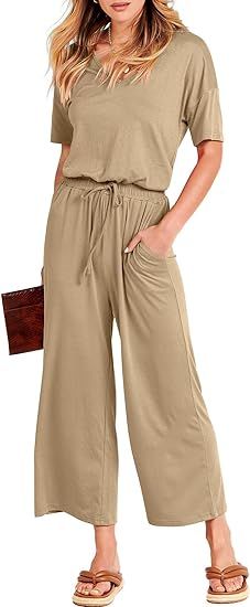 ANRABESS Women Short Sleeve Summer Casual V Neck Elastic Waist Wide Leg Cropped Pant Jumpsuits Ro... | Amazon (US)