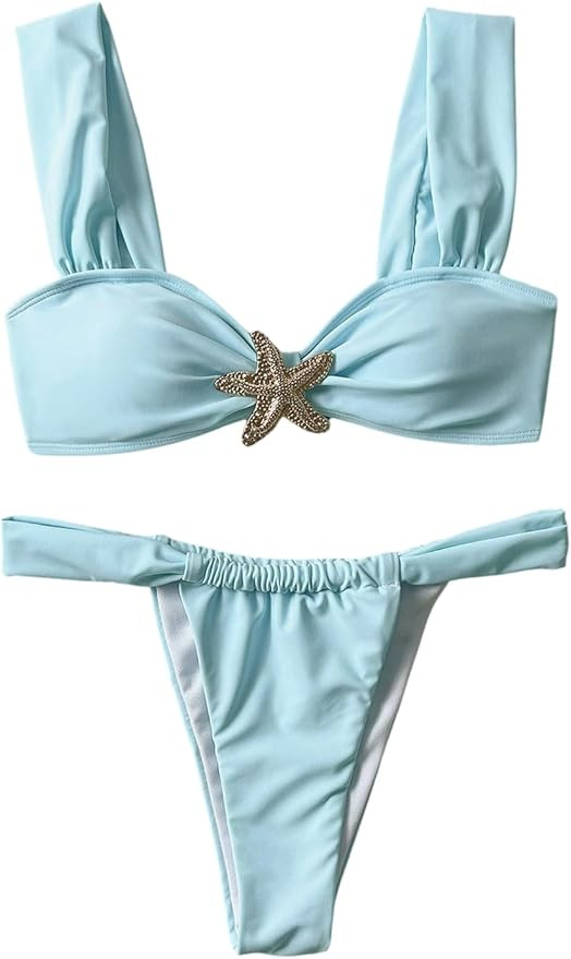 SHENHE Women's 2 Piece Swimsuits Ruched Brazilian Thong Starfish Metal High Cut Bikini Set | Amazon (US)