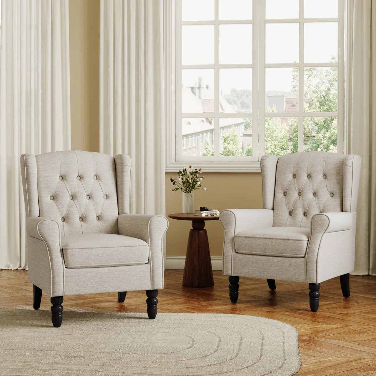 Duward Upholstered Beige Button Tufted Wingback Accent Chair with Rolled Arm and Thick Padded Cus... | Wayfair North America