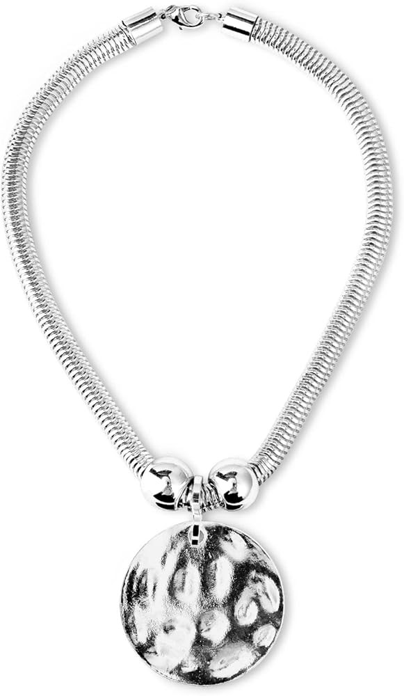 Silver Hammered Metal Statement Necklace Set with Lobster Clasp Closure, Disc Coin Necklace Circl... | Amazon (US)