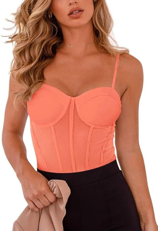 REORIA Women's Trendy Sexy Mesh Sheer Spaghetti Strap Going Out Slimming Bustier Corset Bodysuit ... | Amazon (US)